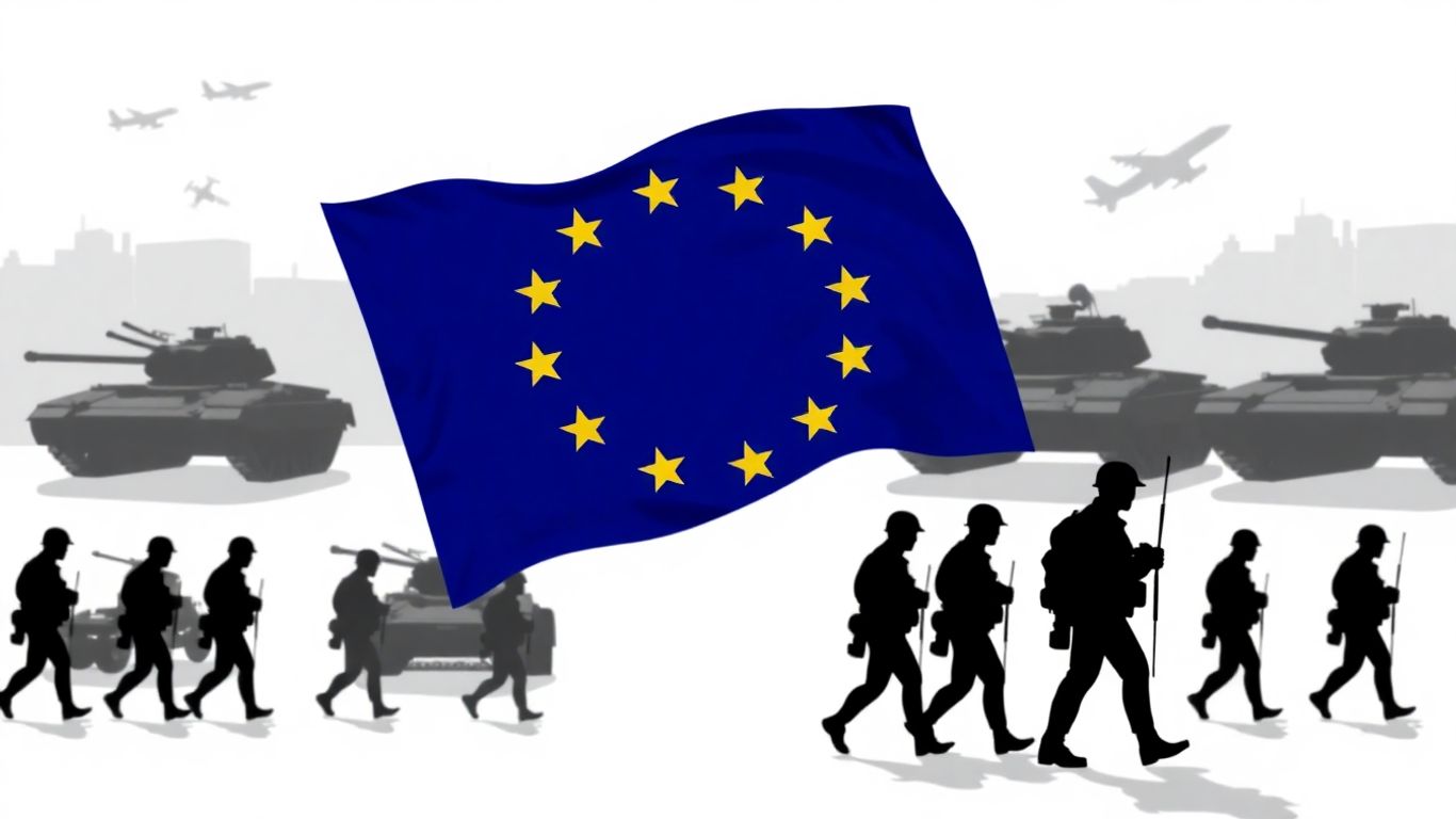 EU flag with military vehicles and soldiers.