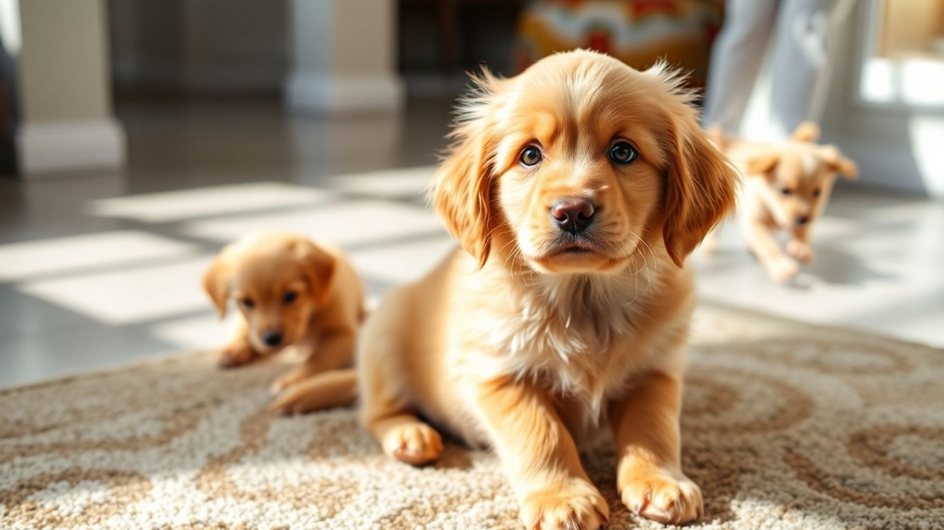 Happy puppy playing indoors with sunlight.