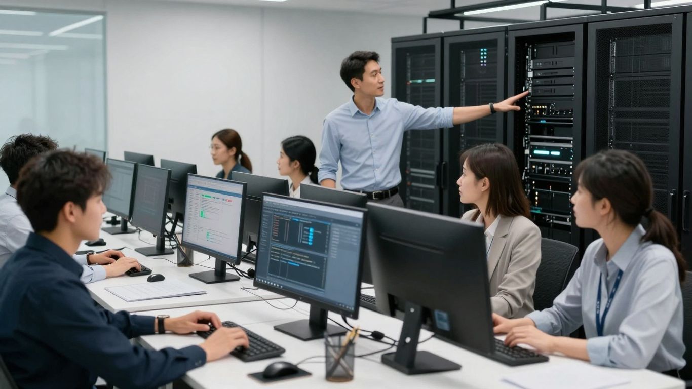 People working with computers and servers in an office.