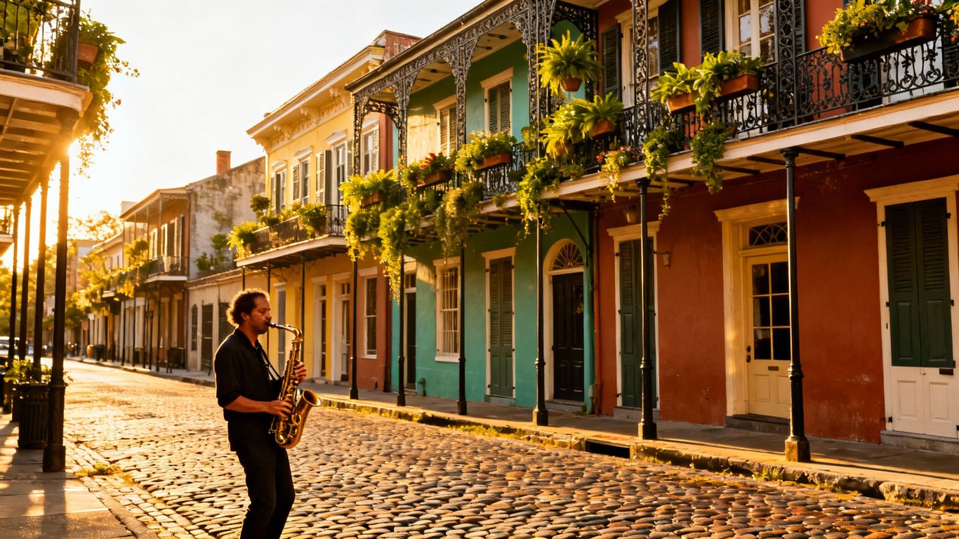 Colorful Creole townhouses with iron balconies in New Orleans.