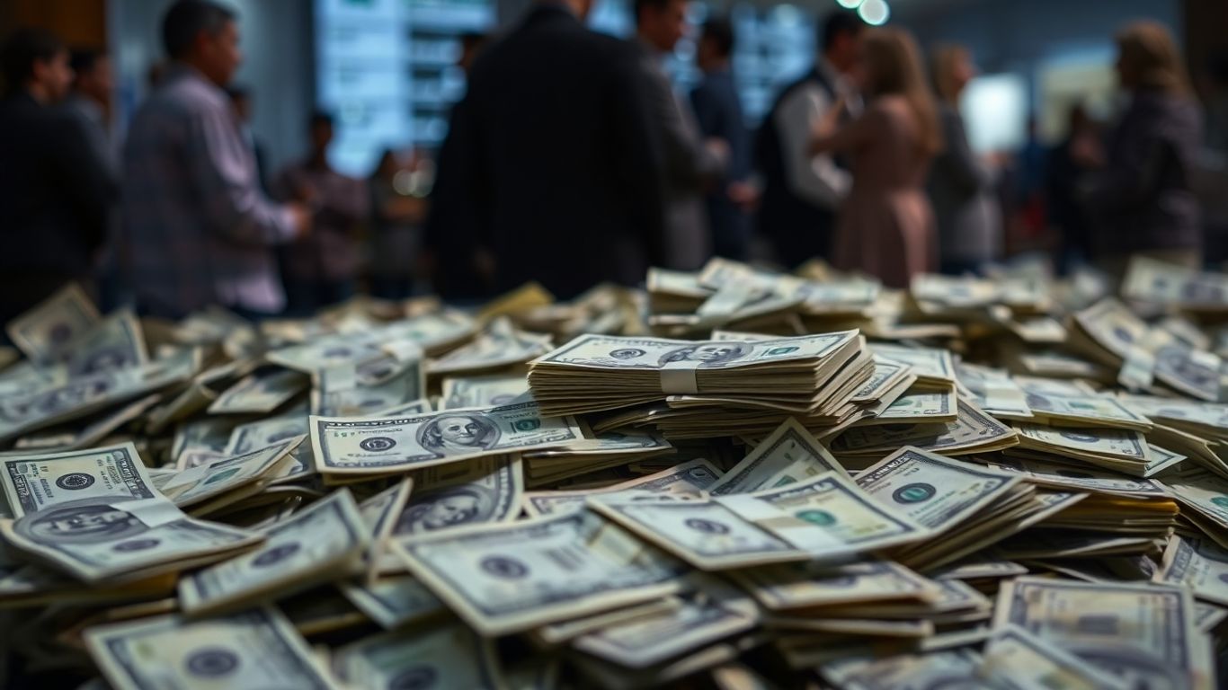 Pile of money with blurred figures in background.