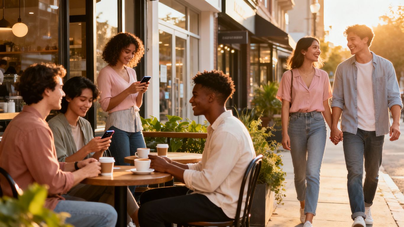 Modern couples and singles interacting in various dating settings.