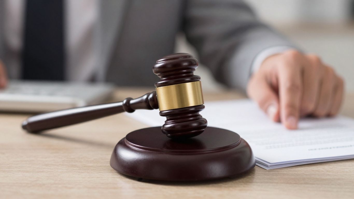 Gavel on legal documents, hand reaching.