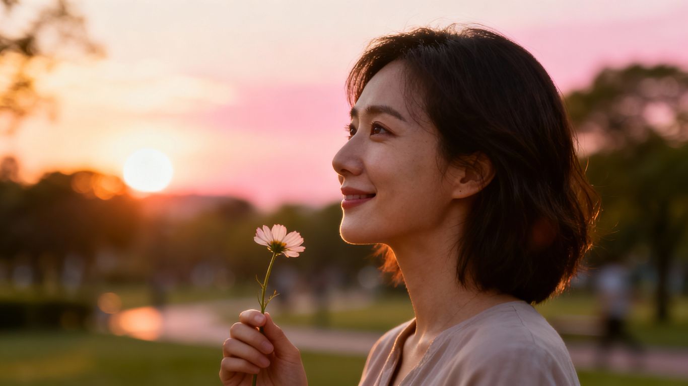Woman with flower, looking hopeful towards a sunset.