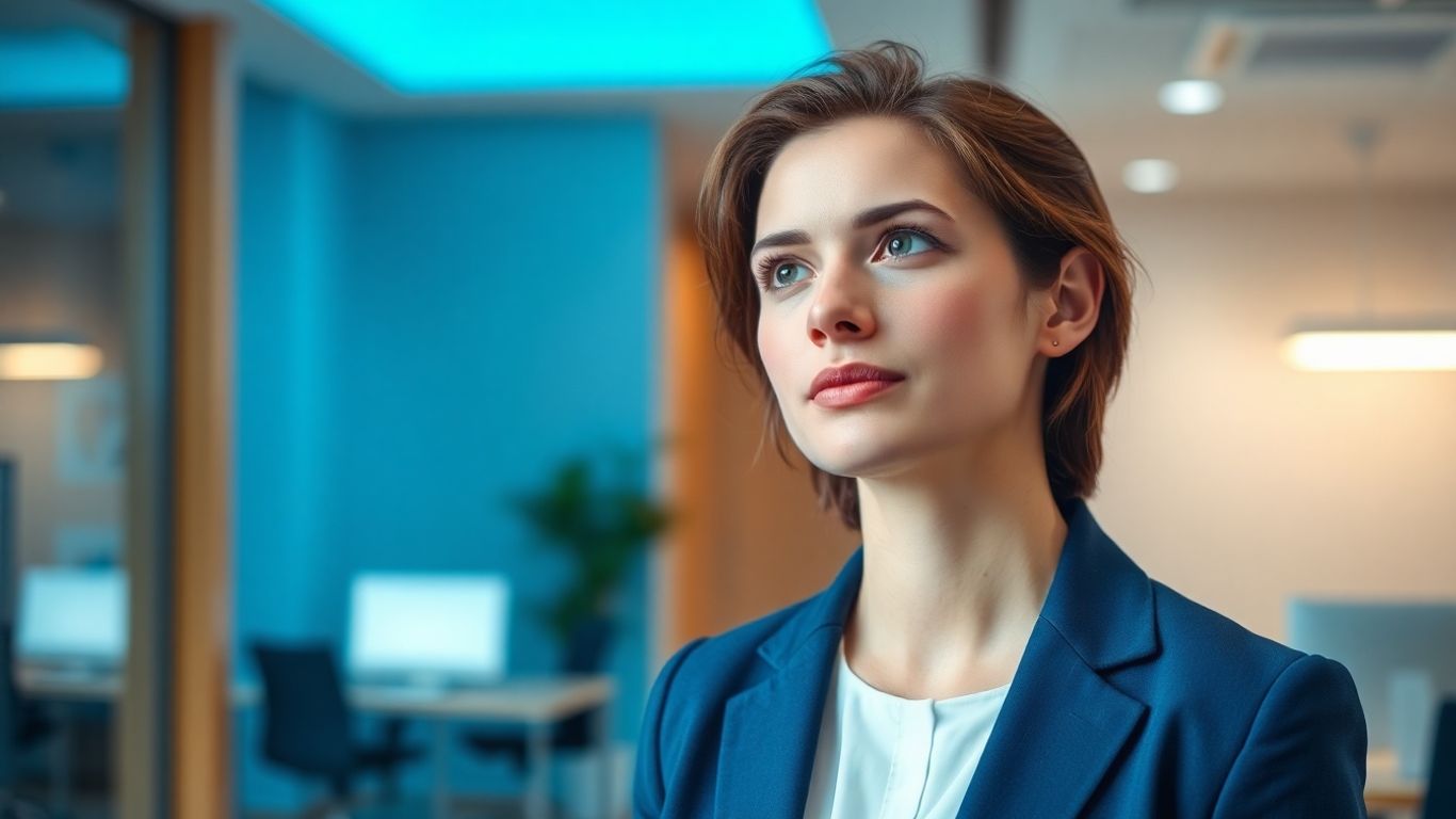 Person blickt in modernes Büro, blaue Akzente.
