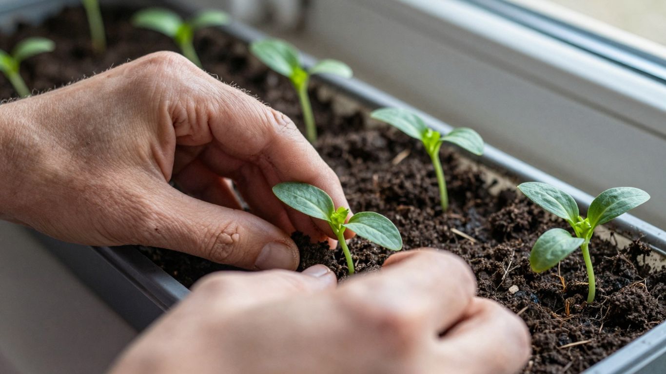 Hände pflegen junge Pflanzen auf einer Fensterbank im Winter.