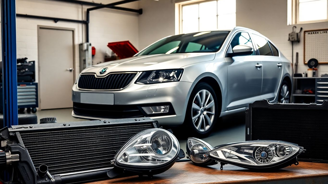 Skoda car parts and vehicle in a garage