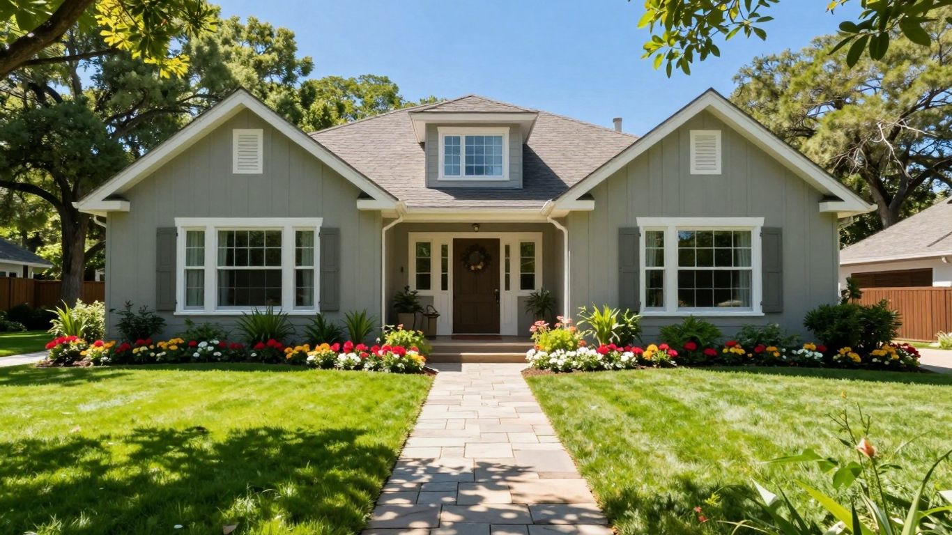Landscaped vacation home with lush gardens and stone pathway.