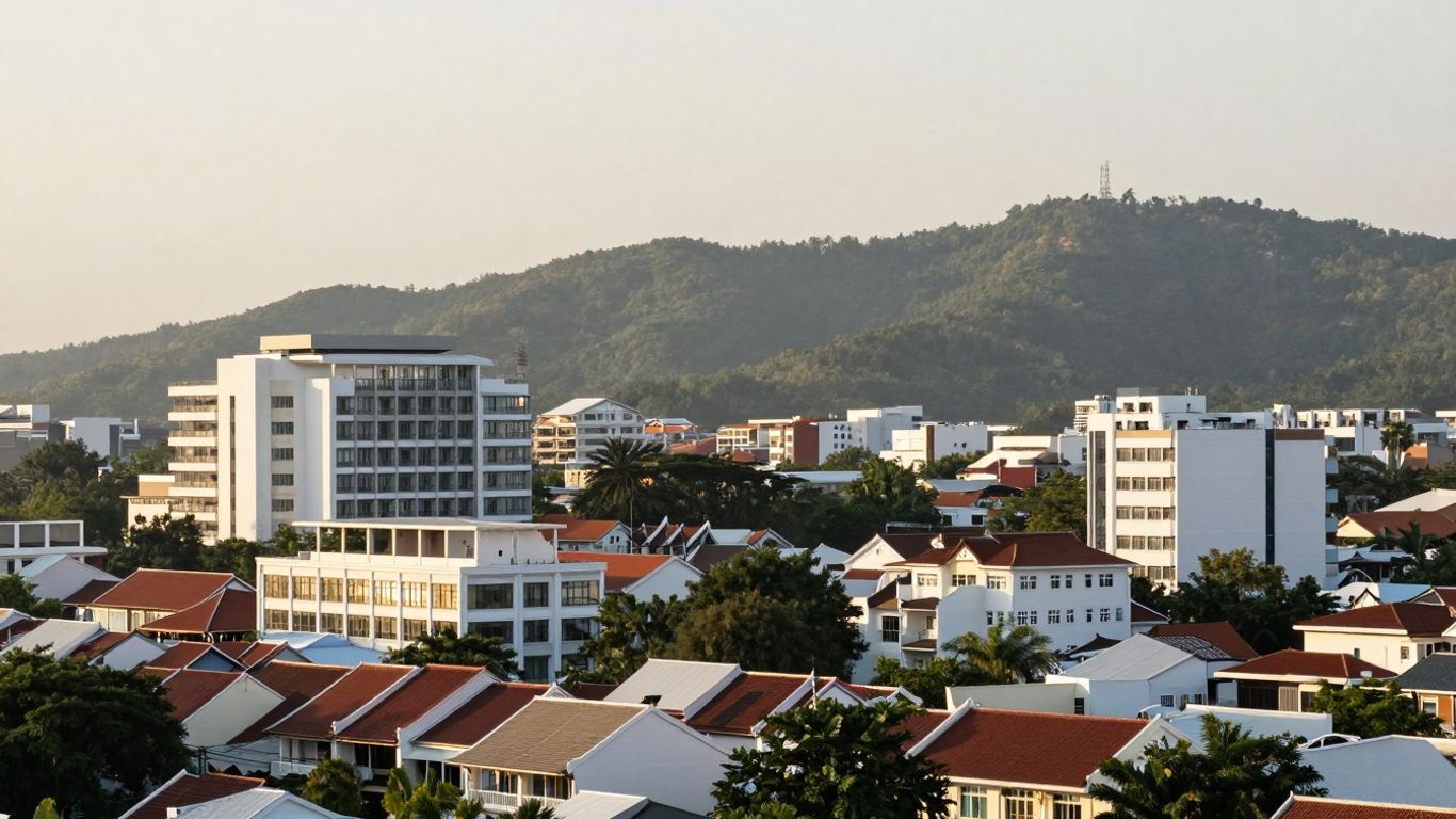 Phuket Town cityscape with modern and traditional buildings.