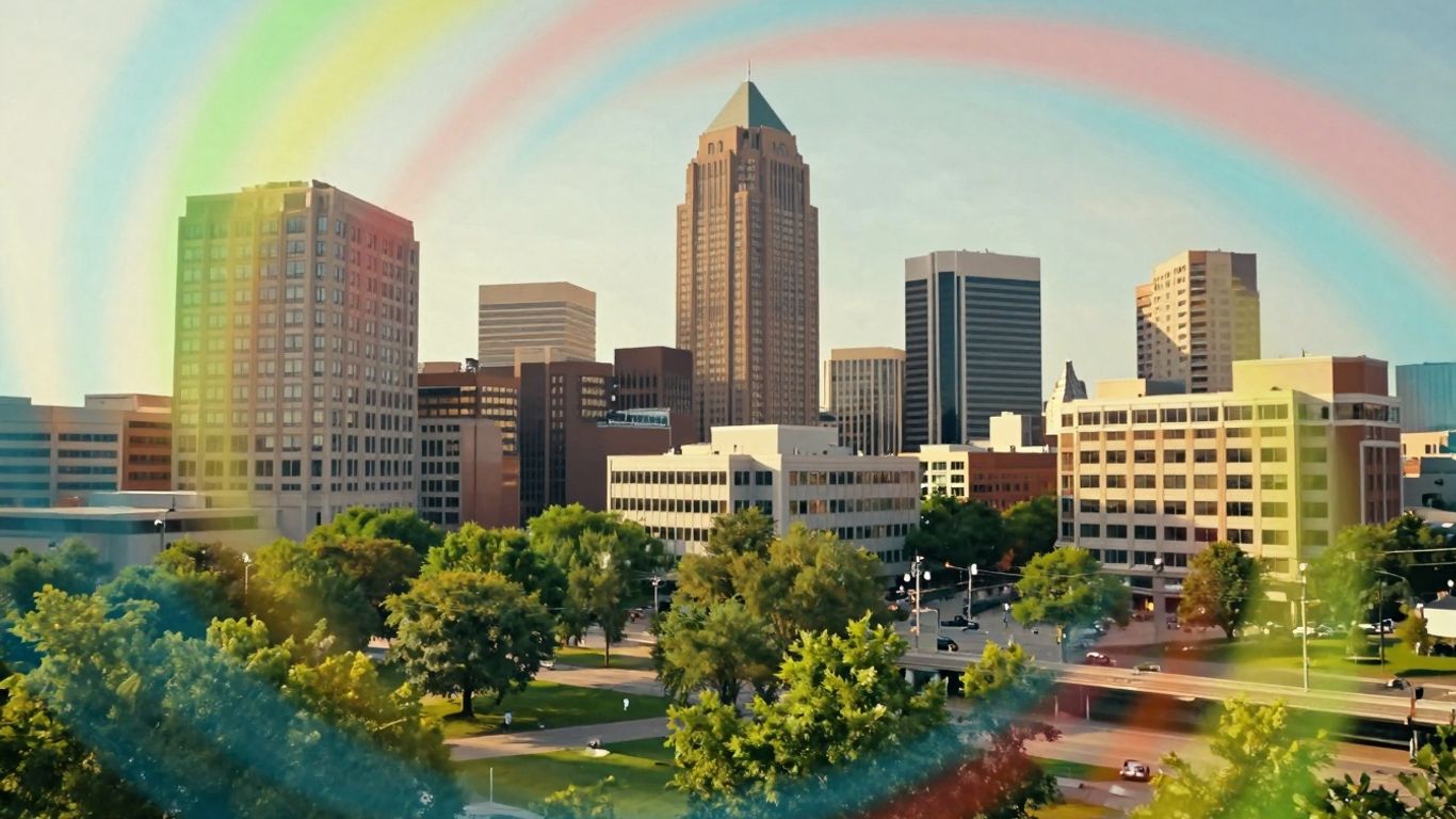 Dayton skyline with trees and abstract marketing colors.