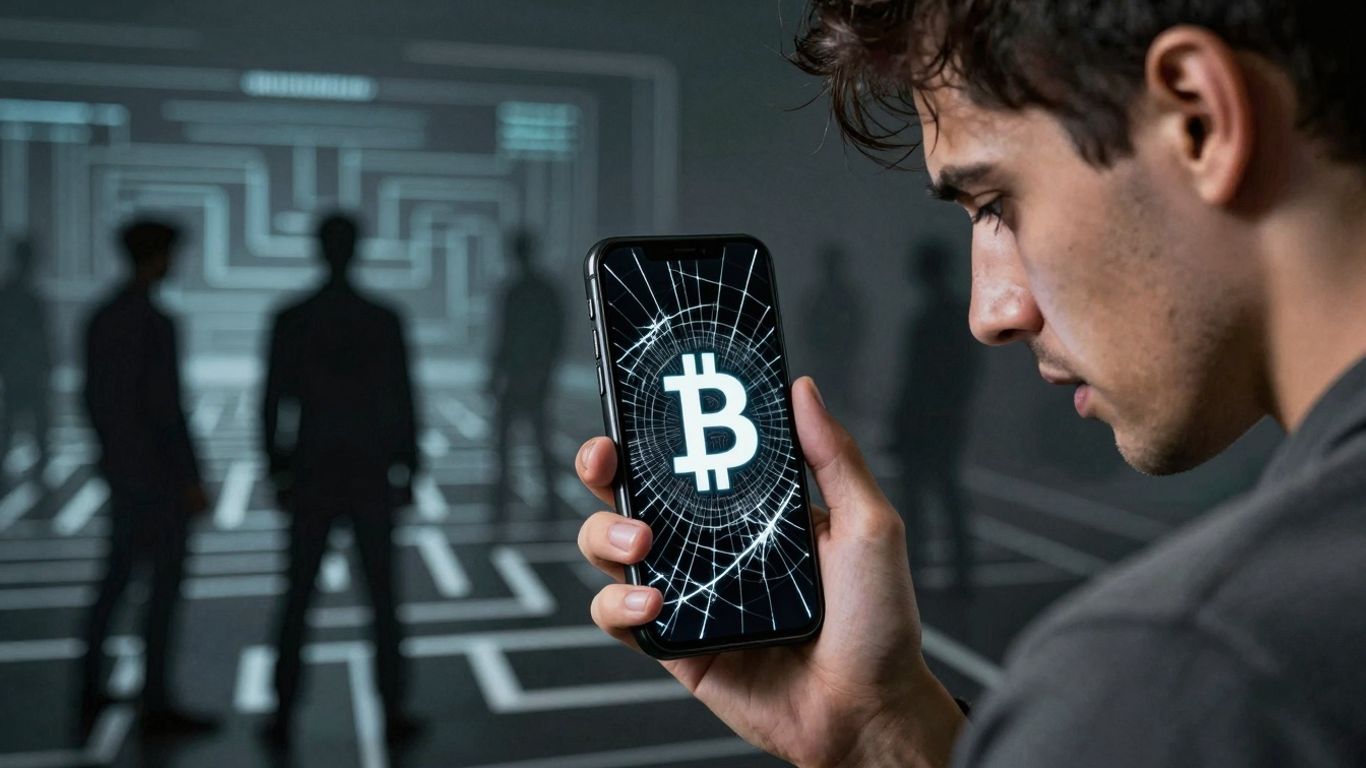 Person looking at broken phone with Bitcoin logo, digital maze.