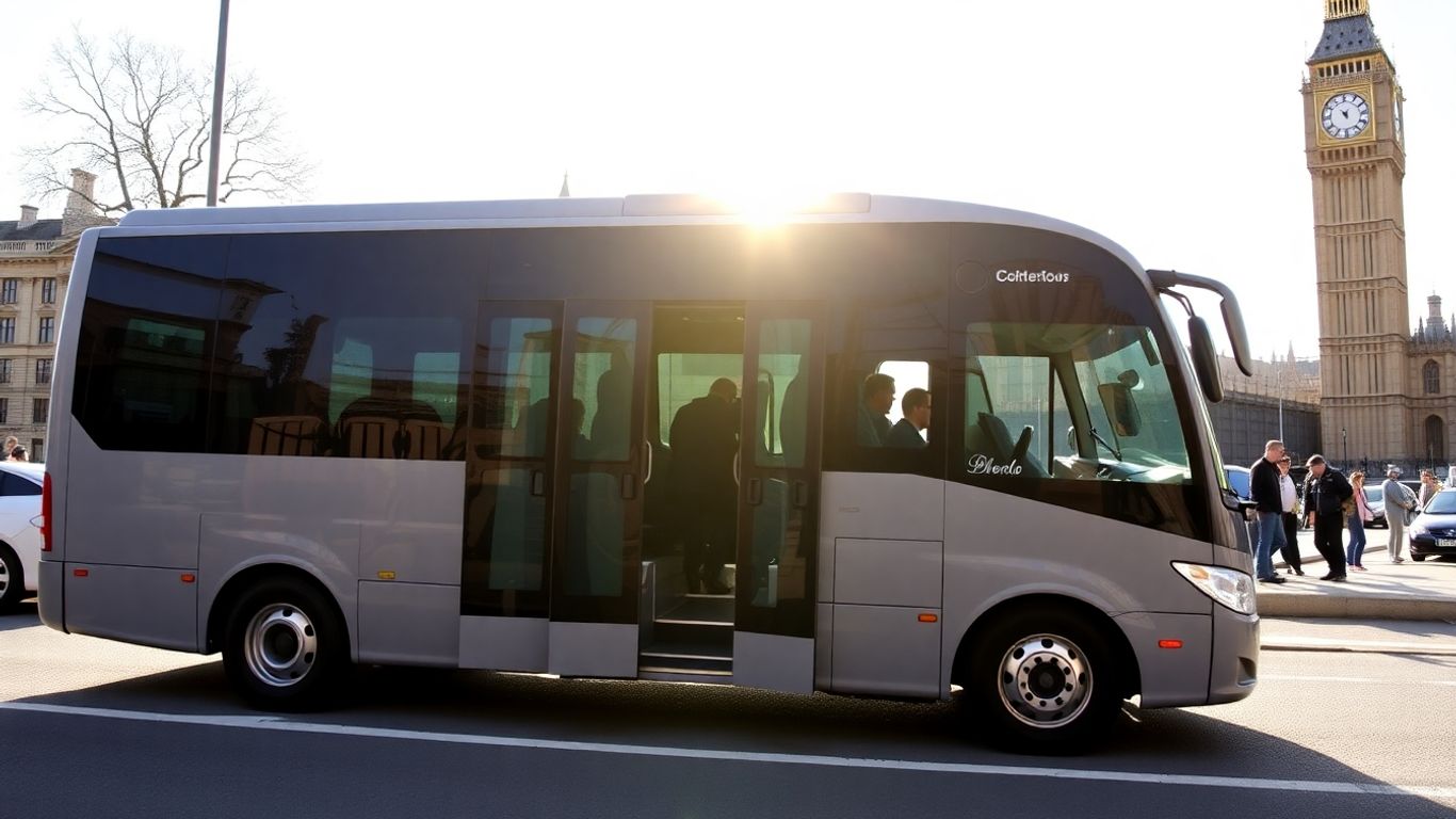 Minibus in London with group boarding.