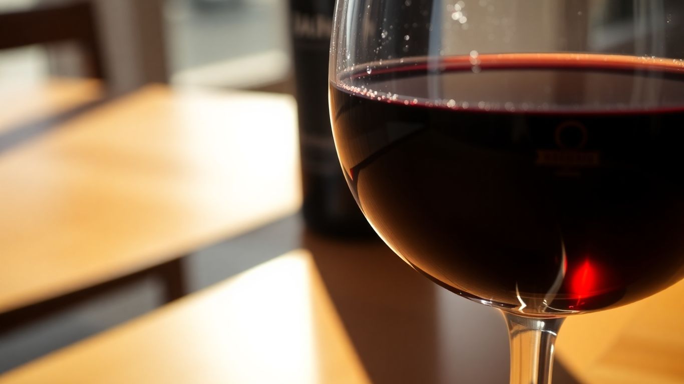 Garrafa e taça de vinho com selo fiscal.