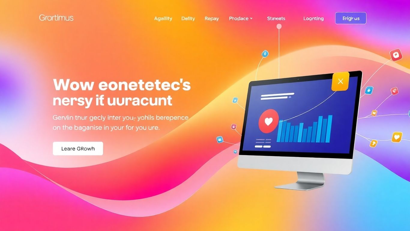 Website interface with interconnected elements and warm color gradients.