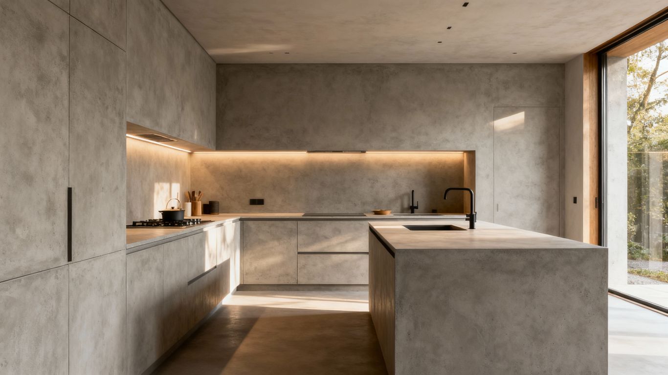 Modern kitchen with seamless micro cement walls and countertops.