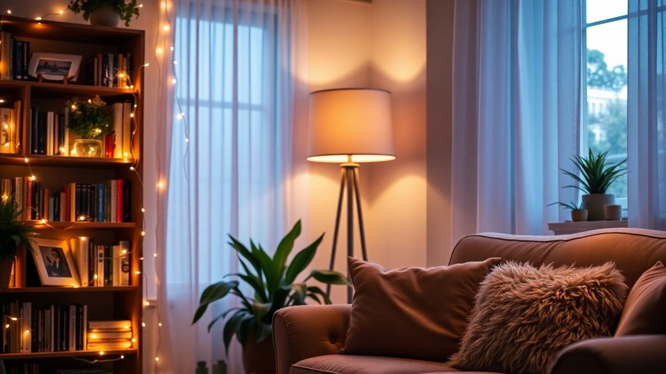 Cosy living room illuminated by decorative fairy lights.