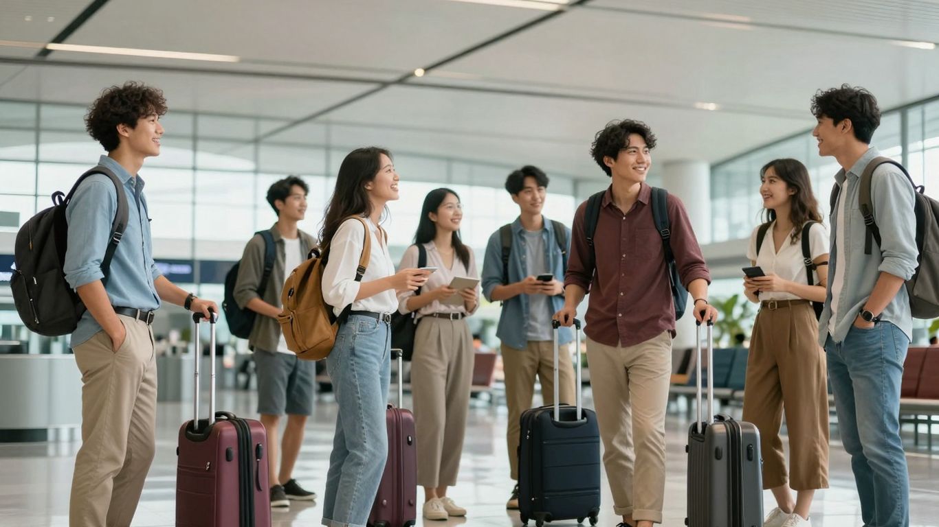 Ludzie cieszący się podróżą, bagaże, atrakcje turystyczne.