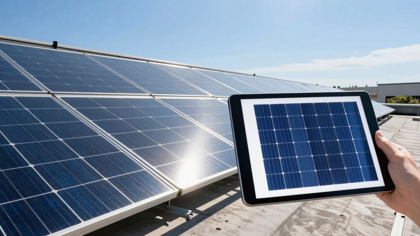 Solar panels on a roof with a blue sky.