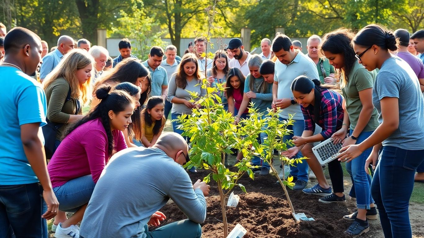 Personas colaborando en actividades comunitarias y voluntariado.