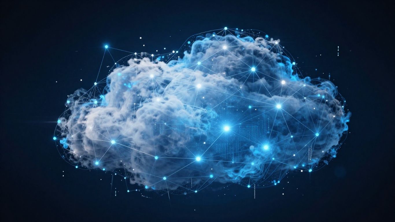 Abstract digital cloud with interconnected nodes and data streams.
