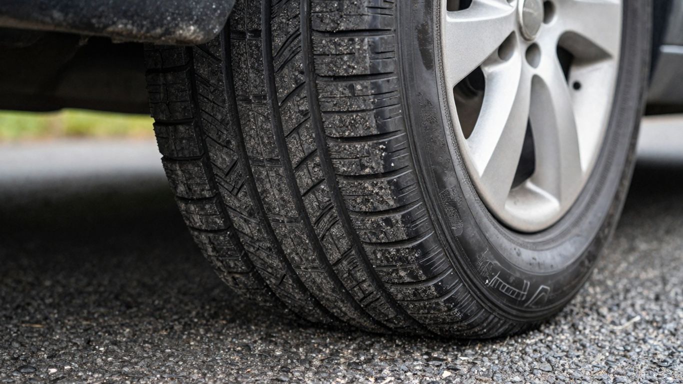 Car tire on a road with particulate matter.