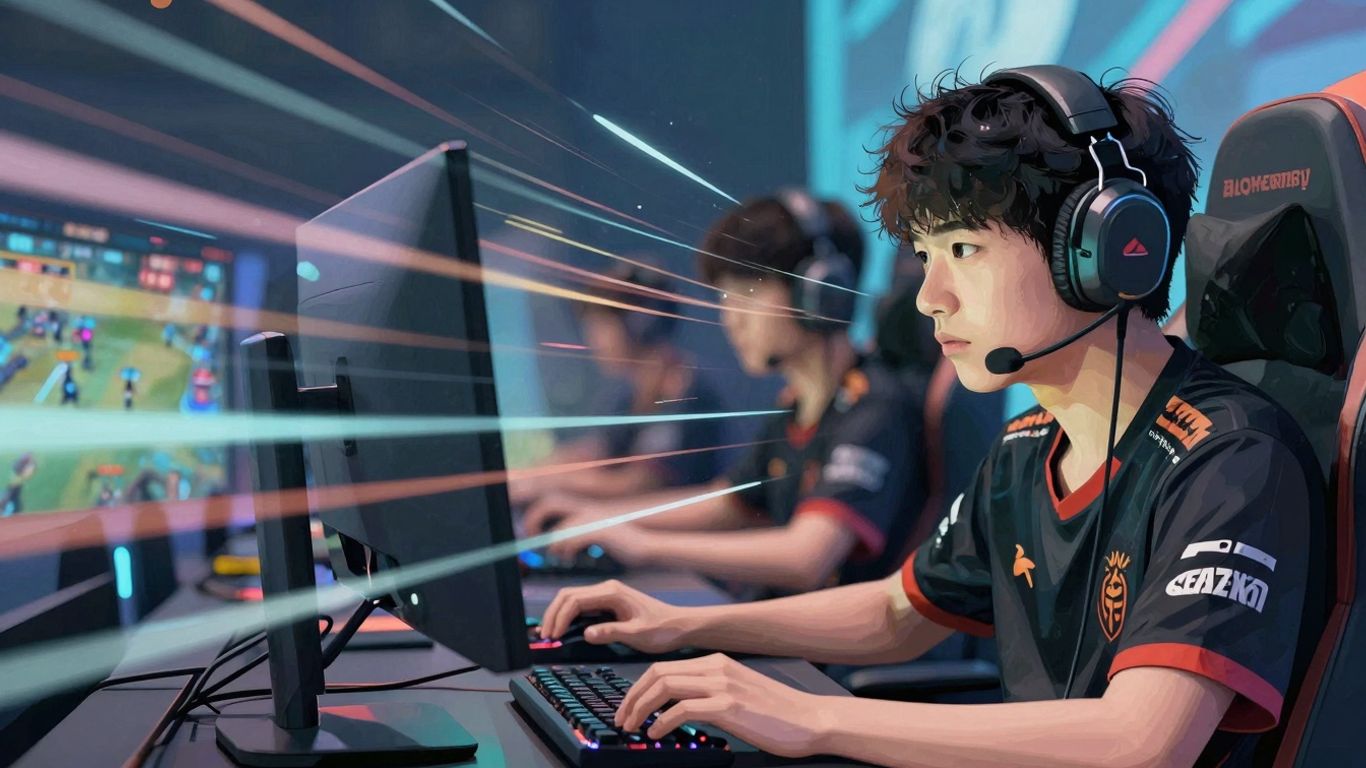 Esports player focused on a glowing monitor during a game.