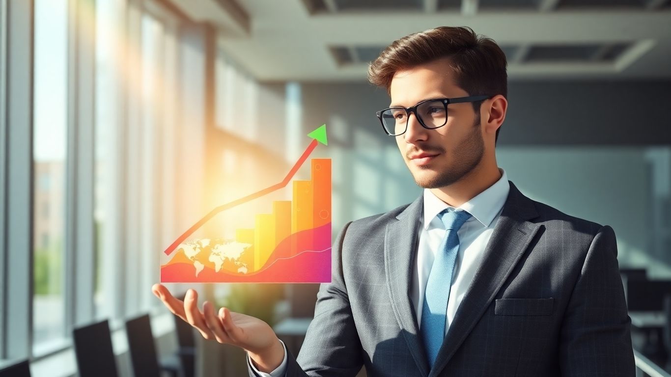 Investor looking at abstract financial growth visualization.