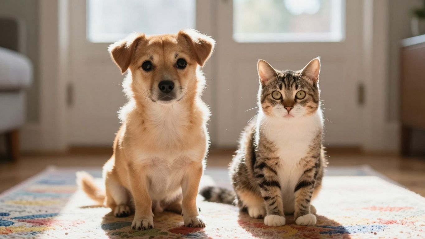 Dog and cat looking at the camera.