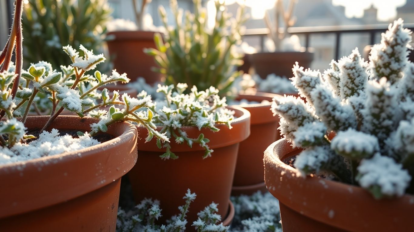 Winterliche Kübelpflanzen und frostige Töpfe im Stadtgarten