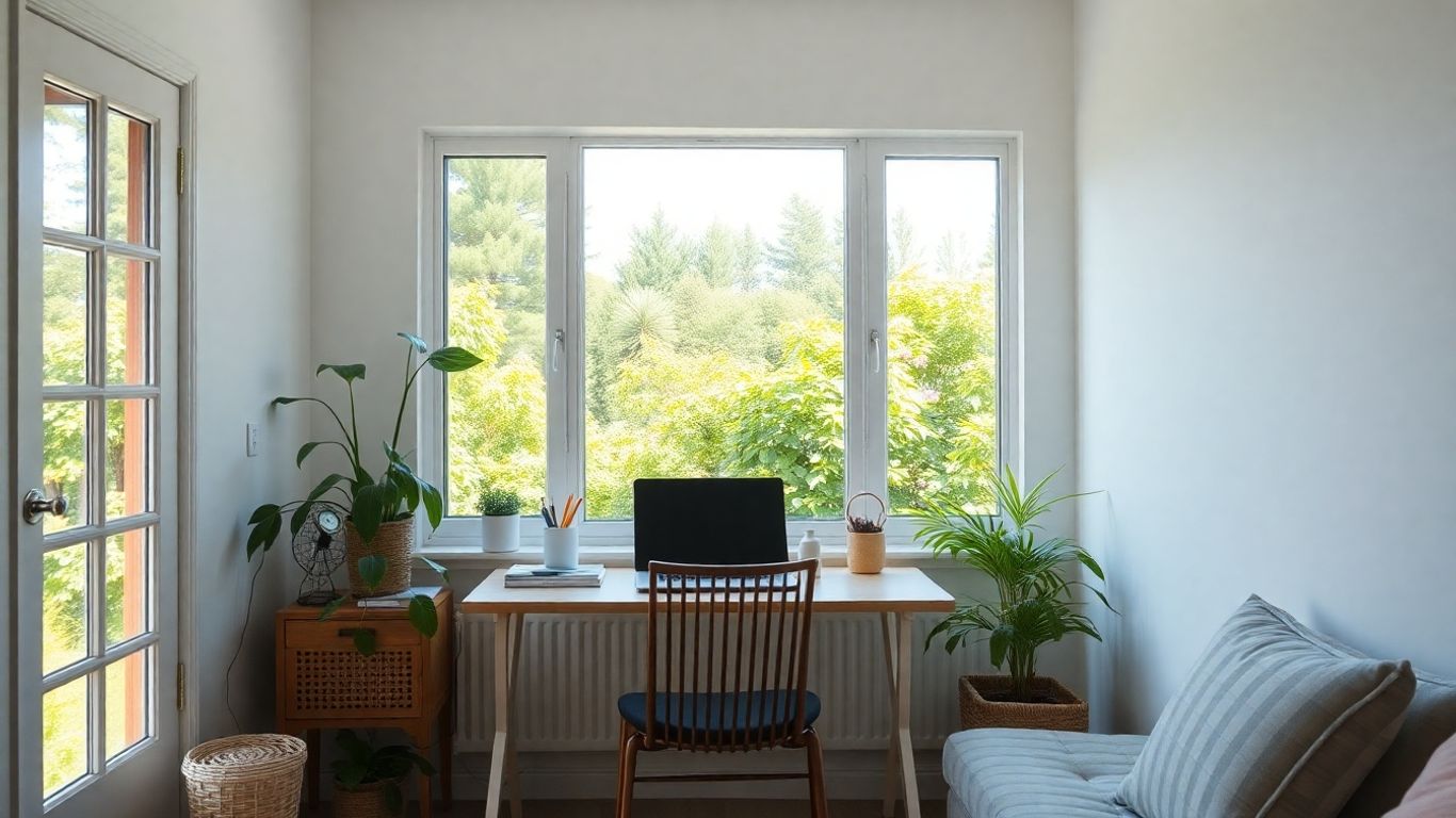 Peaceful cottage workspace with garden view