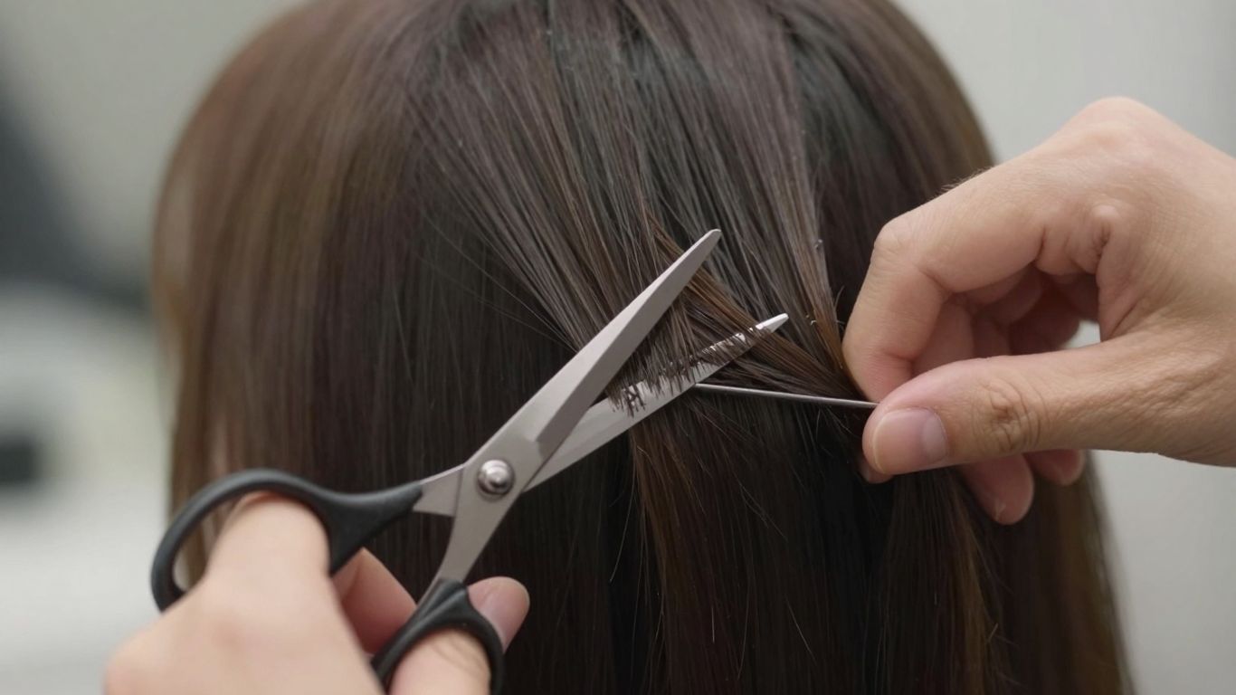 Hairstylist precisely cutting hair with scissors.