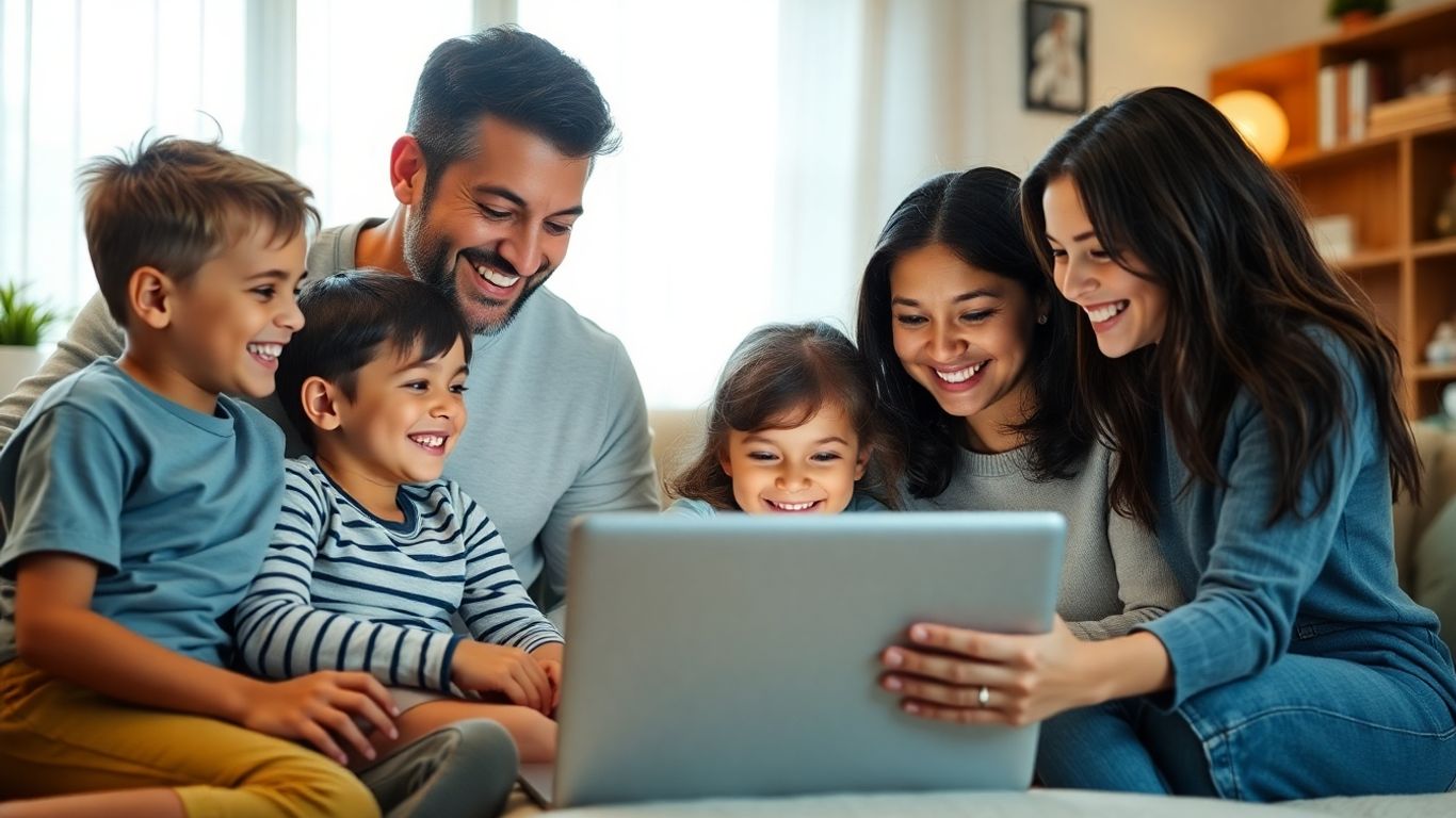 Familie fericită participă la activitate online acasă