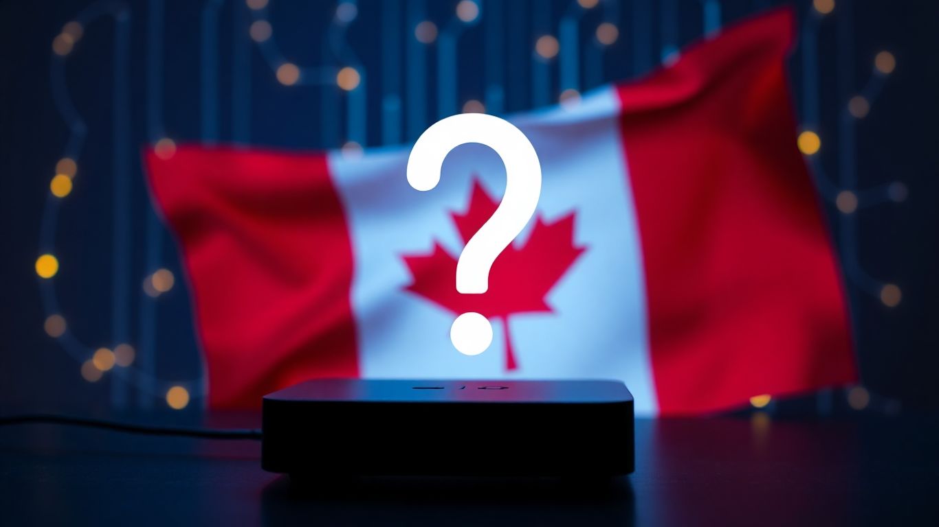 Canadian flag with streaming device and question mark.