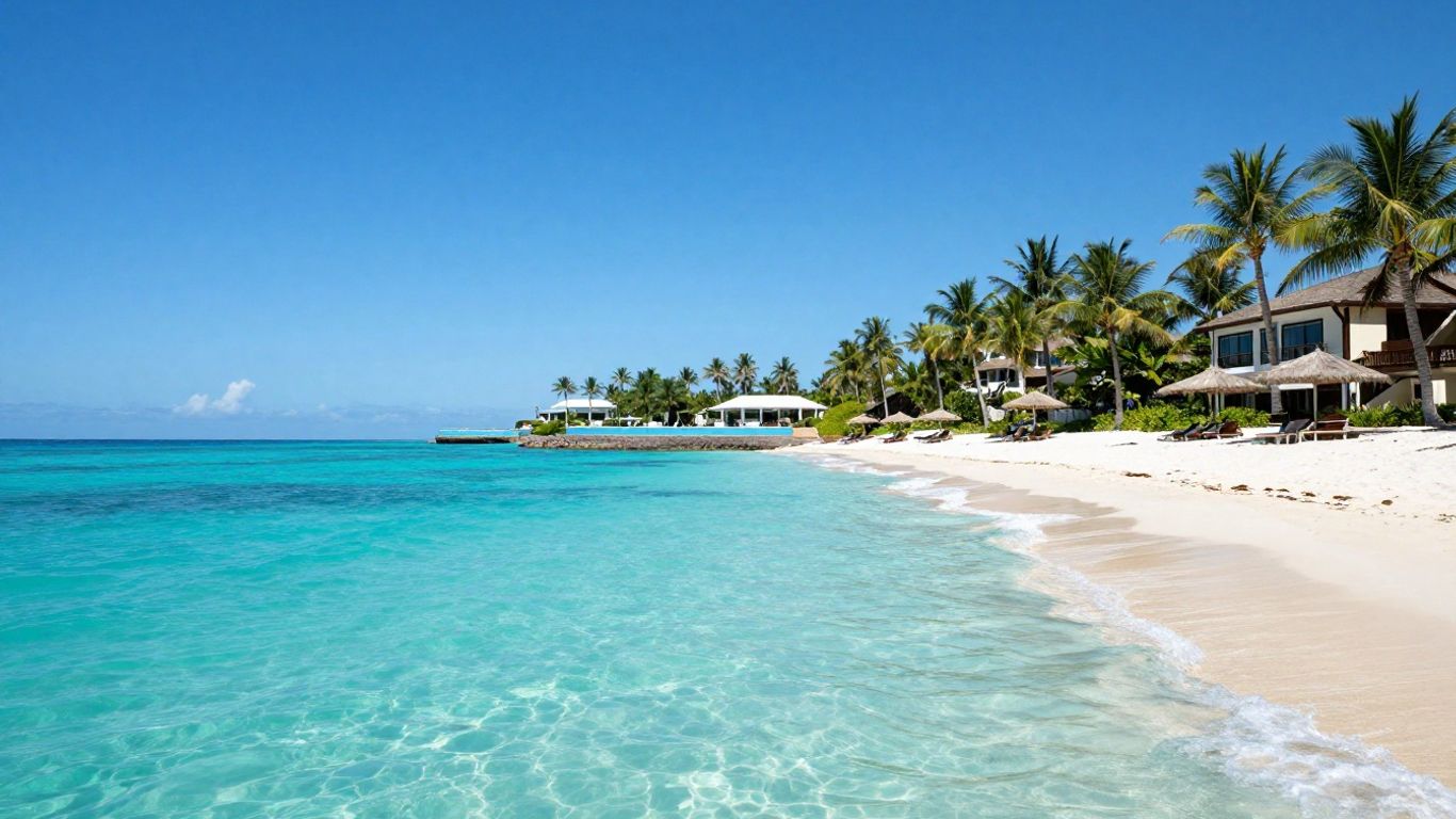 Tropical beach with palm trees and resort.