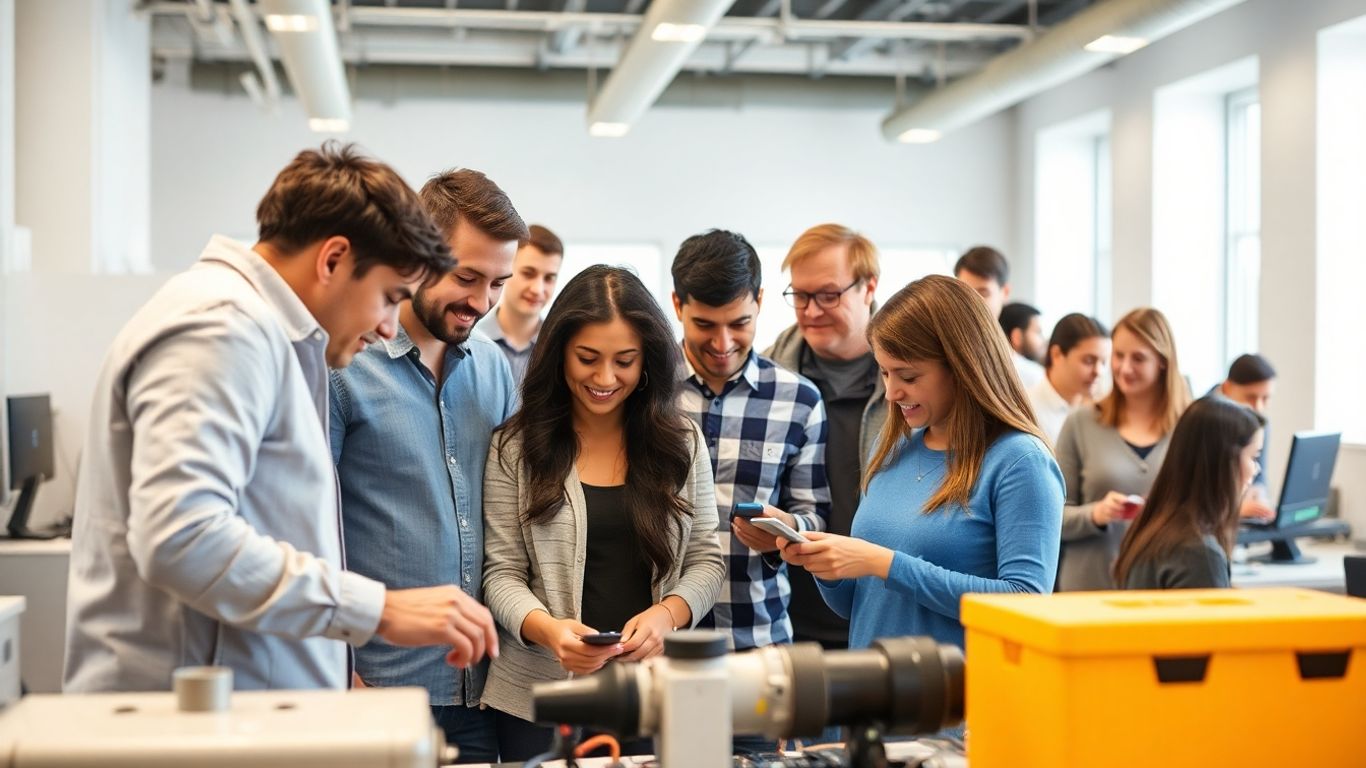 People learning and working with modern equipment.