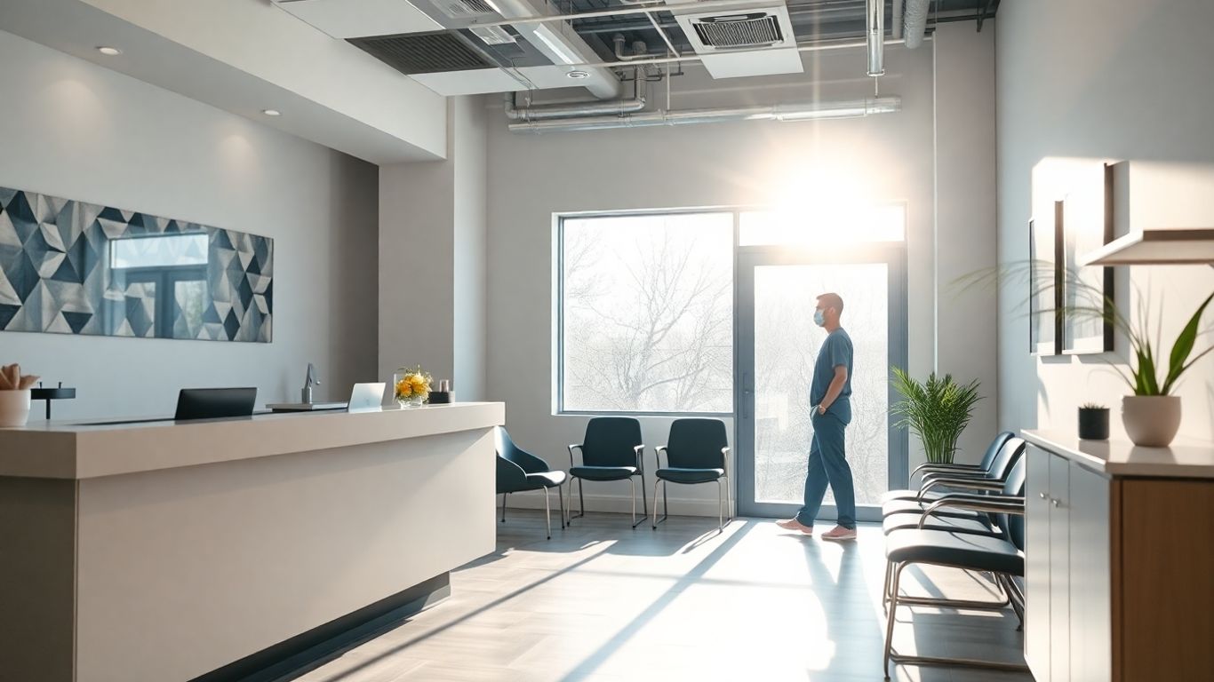 Dental clinic interior with reception and waiting area.