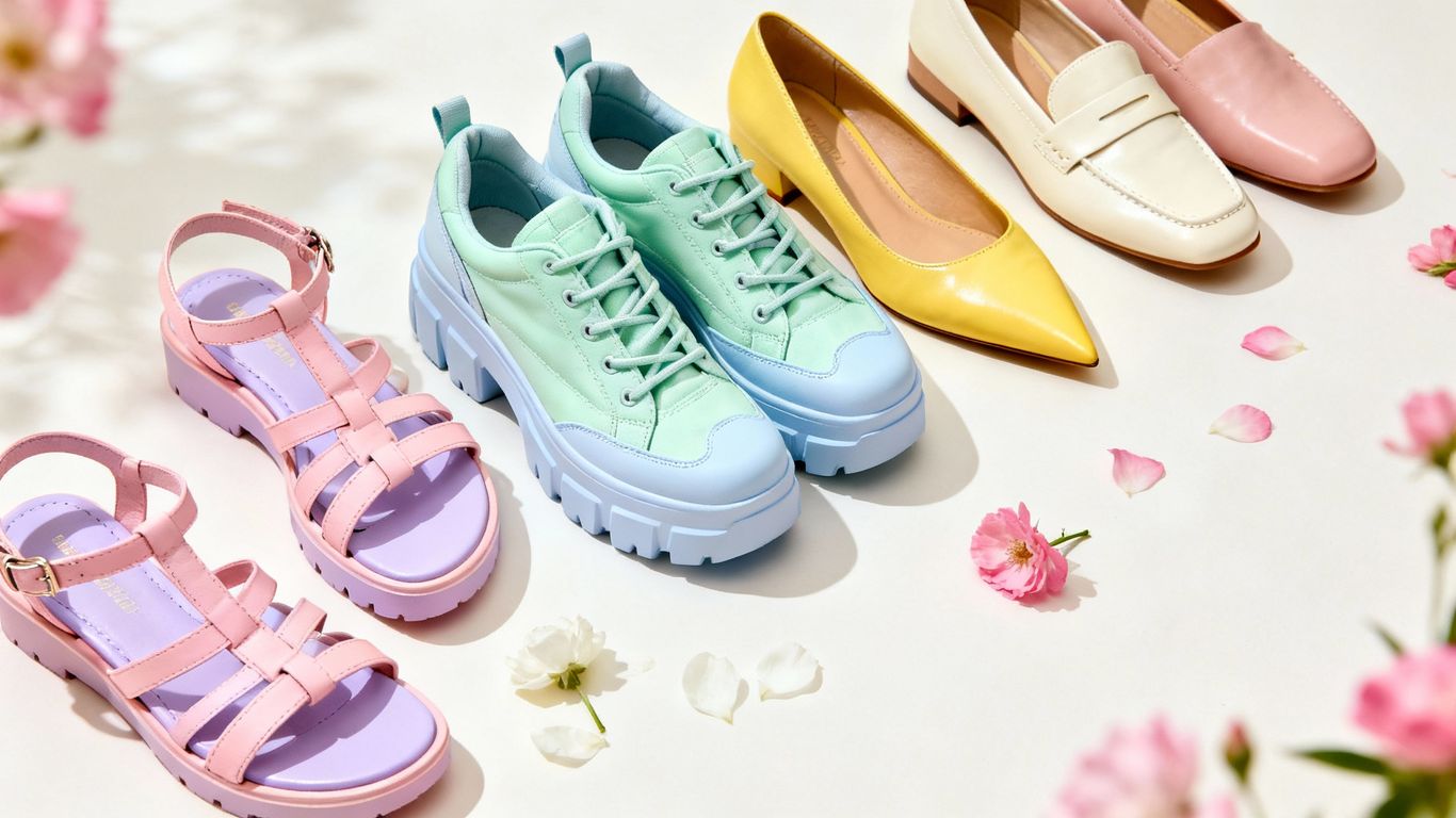 Spring shoe trends: sandals, sneakers, flats, and loafers.