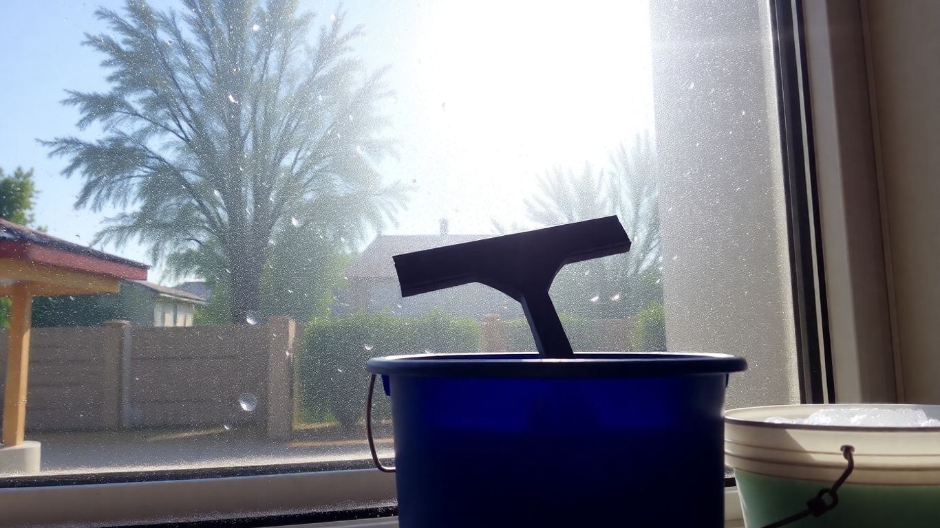 Window cleaning supplies next to a spotless window.