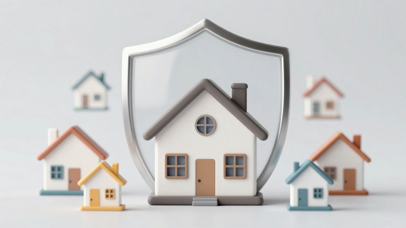 House with protective shield and various house icons.