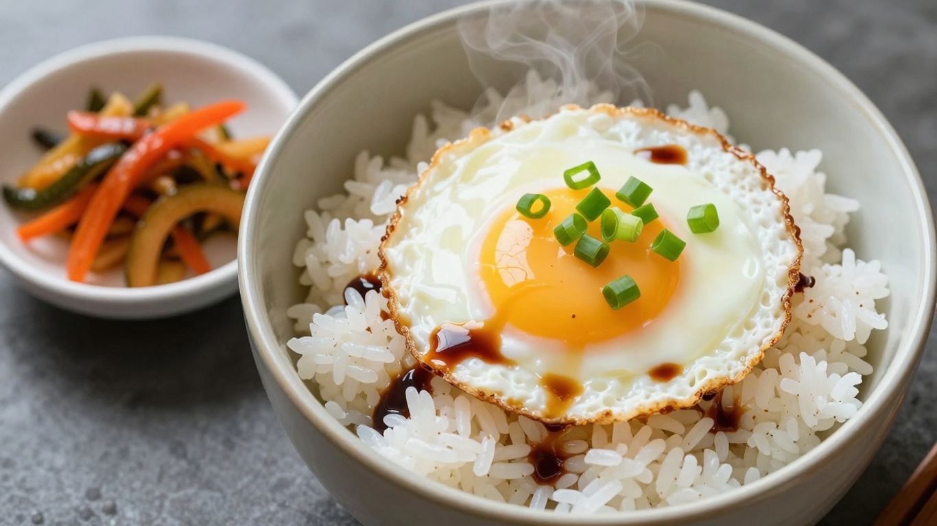 Bowl of rice with egg and toppings
