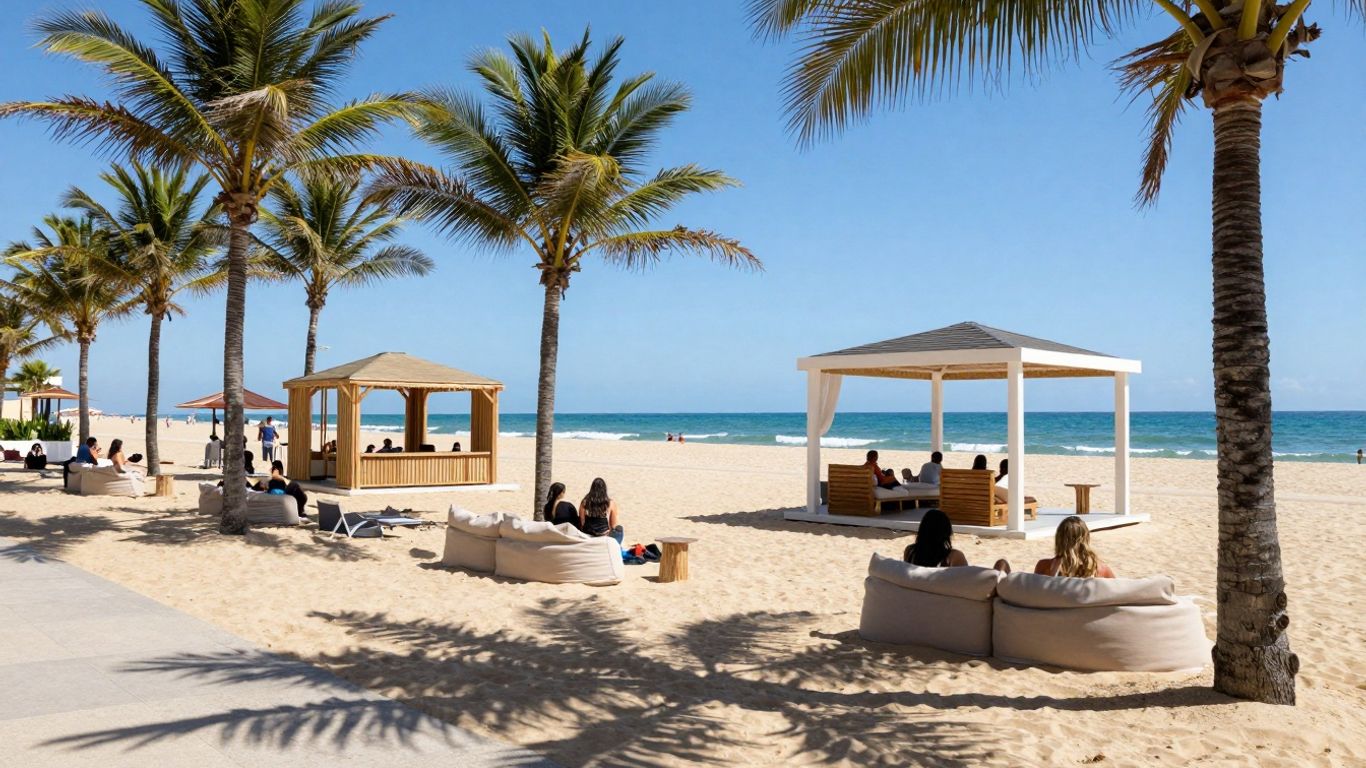 Strandpaviljoen Republiek Bloemendaal met palmbomen en zee
