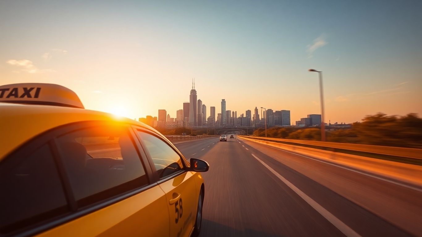 Taxi driving towards Dallas skyline at sunset.