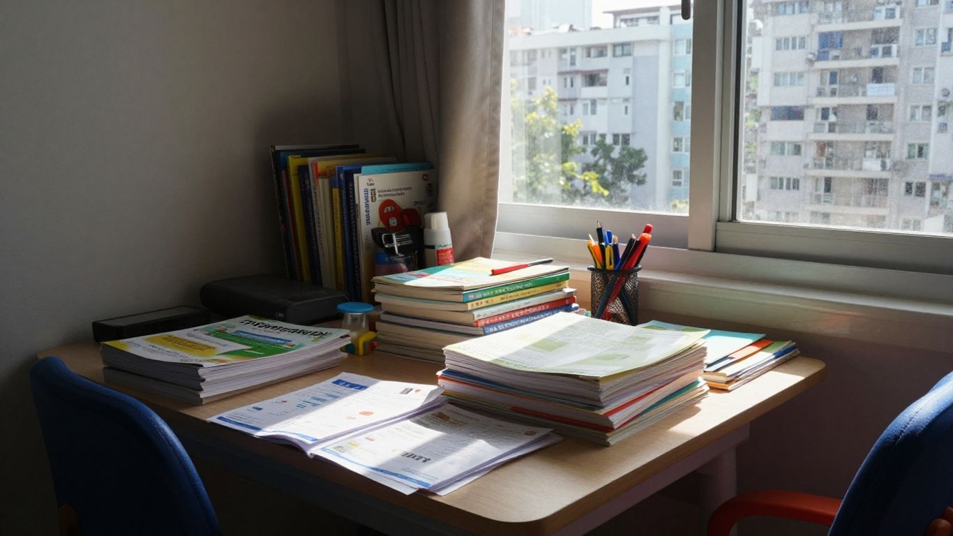 Singapore expat family studying at home with bills.