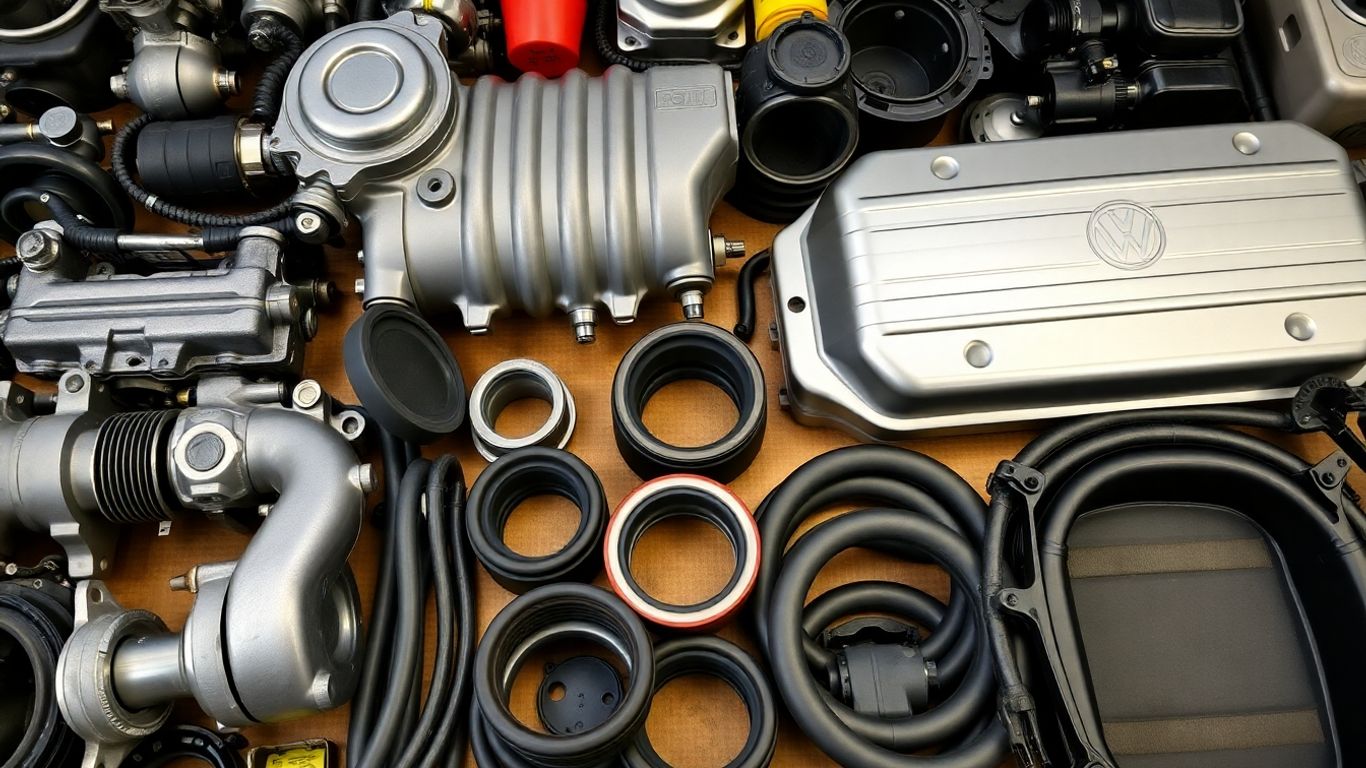 VW Caddy parts laid out for display.