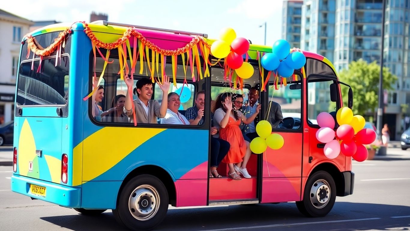 Party minibus in Slough with happy passengers.