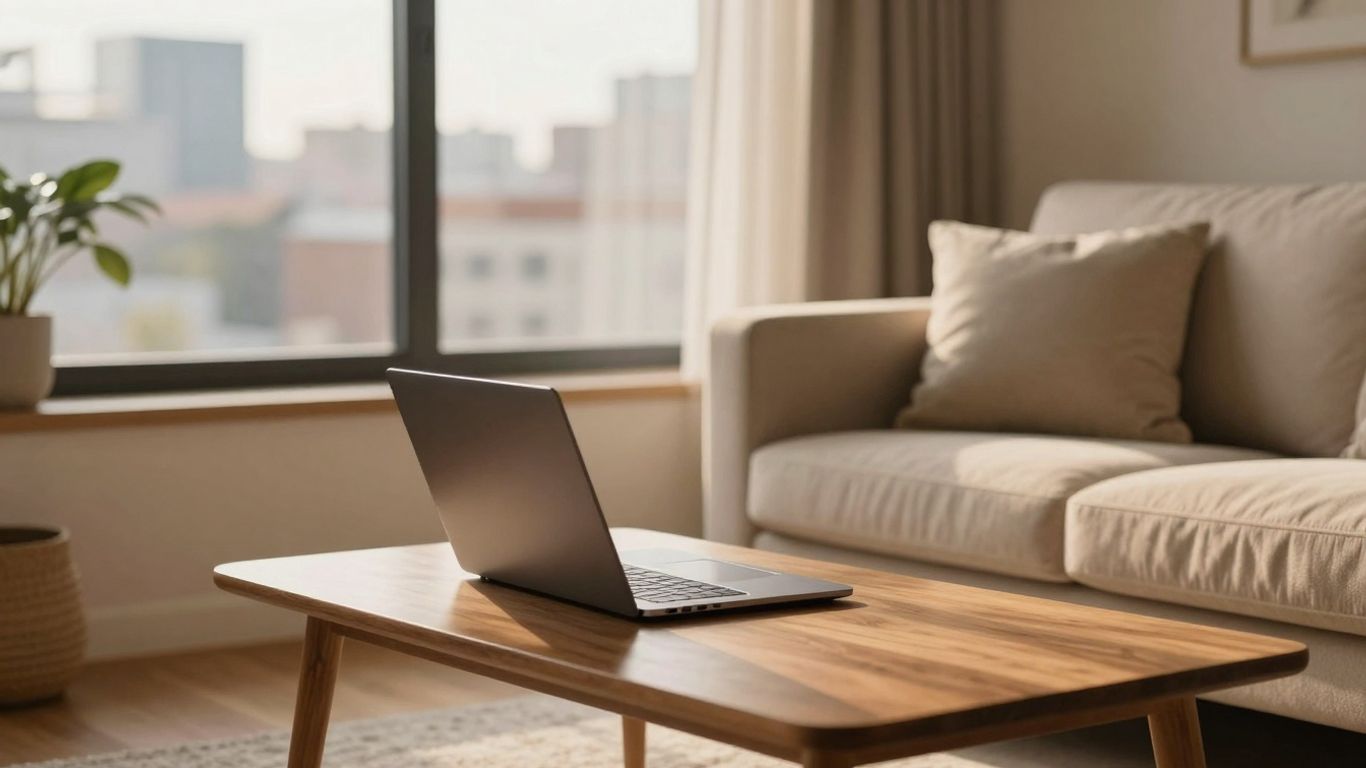Cozy living room with laptop, suggesting Airbnb guest experience.