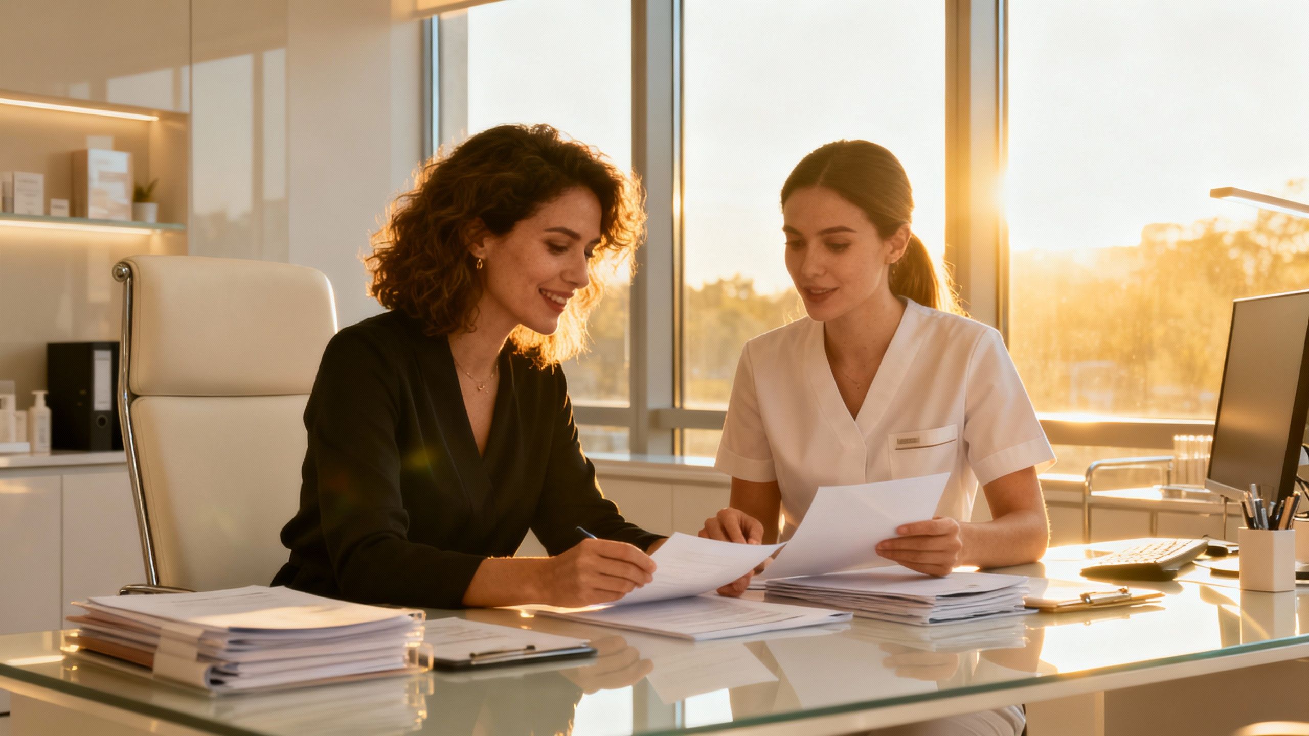 Aesthetic clinic owner meeting with team member.