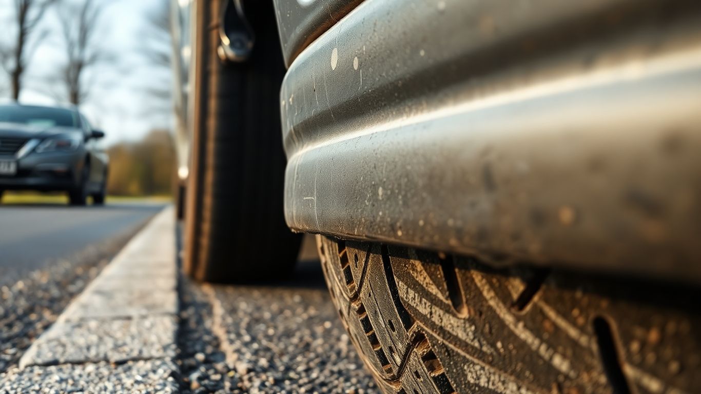 Beschädigtes Auto auf deutscher Straße, Nahaufnahme von Stoßstange und Reifen.