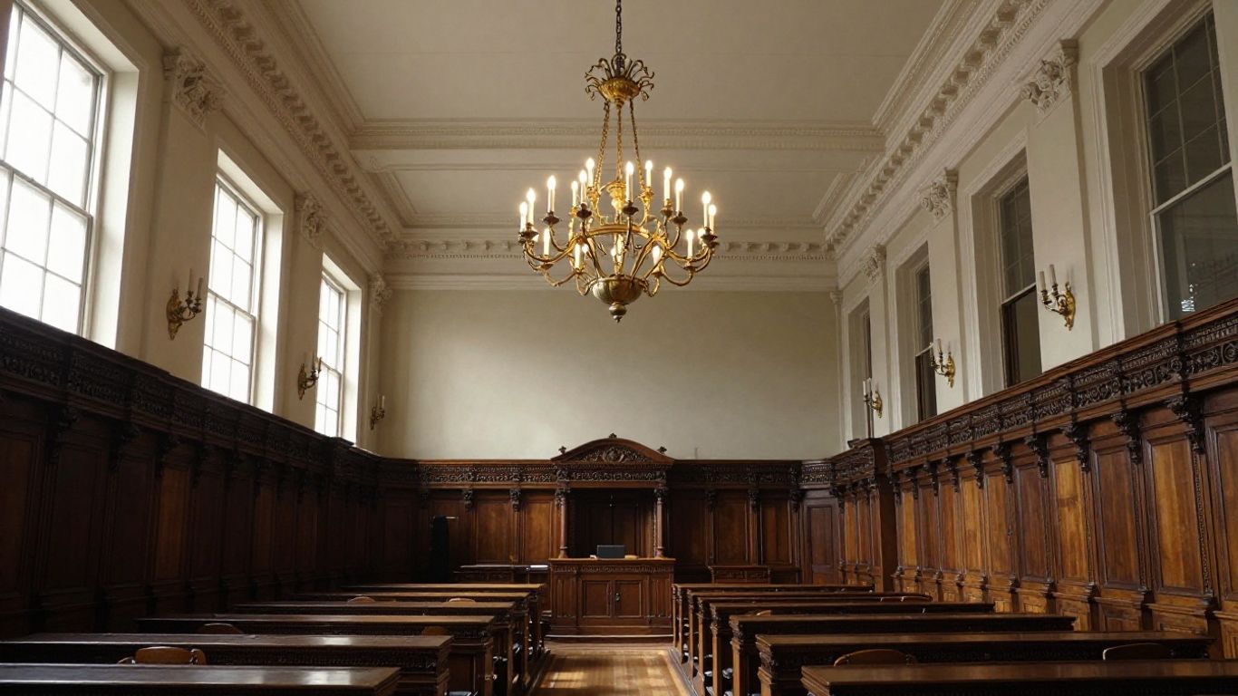 Interiorul unei săli parlamentare cu birouri și candelabru.