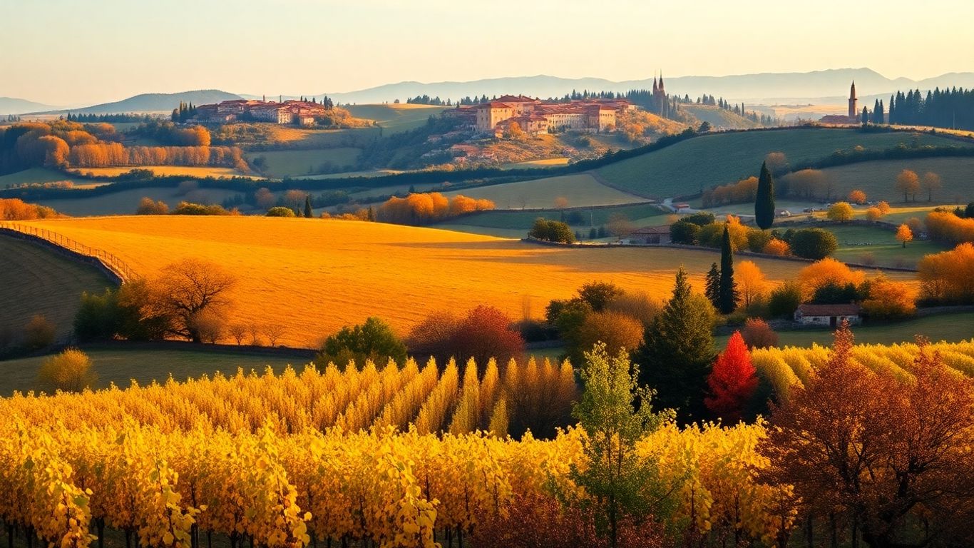 Autumn vineyards and hills in Tuscany, Italy during October.
